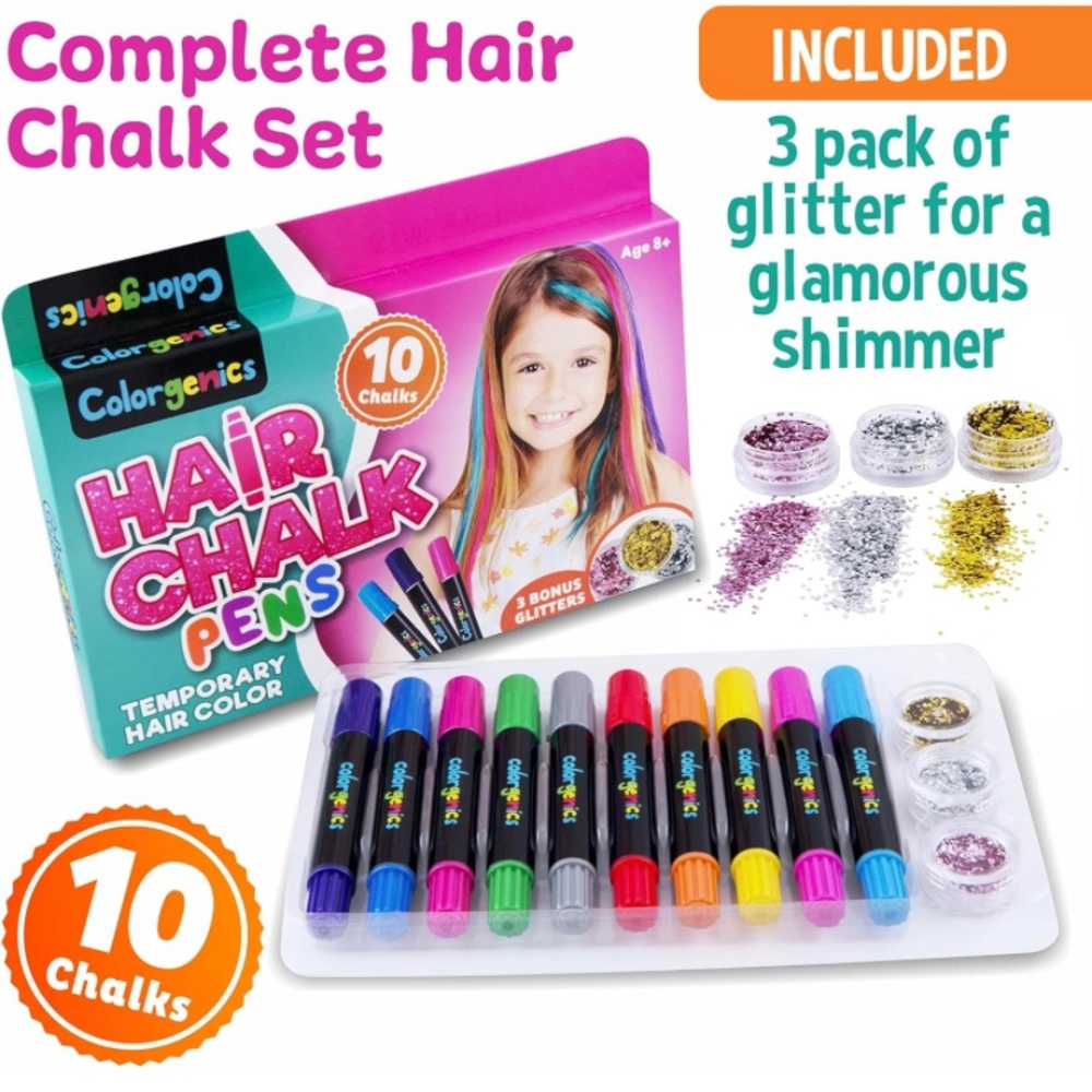 Colorgenics Set of 10 Hair Chalk Pens with 3 Bonus Glitters